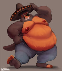  anthro beaver belly big_belly clothing el_chip_(fnaf) five_nights_at_freddy&#039;s freddy_fazbear&#039;s_pizzeria_simulator hat headgear headwear hi_res humanoid_hands looking_at_viewer male mammal moobs nipples one_eye_closed overweight overweight_anthro overweight_male rodent scottgames smile solo sombrero teeth toothy_grin uniparasite wink 