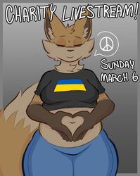  2022 anthro belly_overhang brown_body brown_fur canid canine closed_eyes clothed clothing crop_top denim denim_clothing digital_media_(artwork) ear_tuft english_text female fox fur heart_symbol mammal navel outline overweight overweight_female peace_symbol politics prick_ears russo-ukrainian_war shirt slightly_chubby smile solo tan_body tan_fur text thick_thighs topwear trisha_fox_(zzx) tuft ukrainian_flag wide_hips zzx 