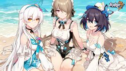  3girls :d alternate_costume artist_request beach black_hair blue_eyes blush breasts brown_hair bug butterfly cleavage closed_mouth collarbone day dress earrings frills hair_ornament hairband hat highres honkai_(series) honkai_impact_3rd jewelry kiana_kaslana kiana_kaslana_(herrscher_of_the_void) large_breasts long_hair looking_at_viewer maid maid_headdress maid_one-piece_swimsuit medium_breasts mole mole_under_eye multiple_girls ocean official_art one-piece_swimsuit one_eye_closed open_mouth outdoors purple_eyes rita_rossweisse rita_rossweisse_(phantom_iron) sand seele_vollerei seele_vollerei_(swallowtail_phantasm) smile sundress swimsuit unconventional_maid white_hair yellow_eyes 