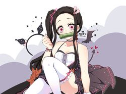  absurdres bamboo bit_gag black_hair breasts commentary cosplay dress female forehead gag gagged hair_ornament hair_ribbon headband highres kamado_nezuko kimetsu_no_yaiba kuromi kuromi_(cosplay) long_hair multicolored_hair onegai_my_melody pink_eyes pink_ribbon ponytail pori_(kmt_pori) ribbon sanrio solo symbol-only_commentary thighhighs white_thighhighs 