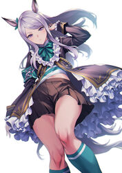  animal_ears armband black_jacket bow bowtie closed_mouth ear_ribbon feet_out_of_frame female frilled_jacket frilled_sleeves frills hair_flip highres horse_ears horse_girl horse_tail jacket kneehighs legs light_blush long_hair looking_at_viewer mejiro_mcqueen_(umamusume) miniskirt pleated_skirt purple_eyes purple_hair skirt sleeve_cuffs socks solo standing sugarbeat swept_bangs tail toned umamusume 