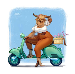  absurd_res anthro basket big_breasts bottomwear bovid bovine breasts cattle cleavage clothed clothing container denim denim_bottomwear denim_clothing digital_media_(artwork) female flower freya_(wintertopdog) hair hair_over_eyes hi_res high_waisted_bottomwear highland_cattle holivi hooves horn jeans long_horn mammal moped motor_scooter motor_vehicle pants plant solo thick_thighs vehicle 