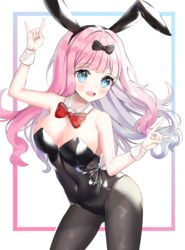  \n/ animal_ears bare_arms bare_shoulders black_bow black_leotard black_pantyhose blue_eyes blunt_bangs blush bow bowtie breasts cleavage contrapposto covered_navel cowboy_shot detached_collar double_\n/ fake_animal_ears female fujiwara_chika hairbow highres kaguya-sama_wa_kokurasetai_~tensai-tachi_no_renai_zunousen~ large_breasts leaning_forward leotard long_hair looking_at_viewer nannung open_mouth pantyhose pink_hair playboy_bunny rabbit_ears rabbit_tail round_teeth smile solo strapless strapless_leotard tail teeth upper_teeth_only wrist_cuffs 