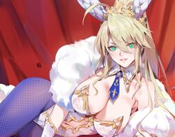  animal_ears artoria_pendragon_(all) artoria_pendragon_(lancer) blonde_hair bodysuit breasts bunny_ears bunnygirl cleavage cropped fate/grand_order fate_(series) green_eyes long_hair navel pantyhose ponytail signed tiara tie wristwear yang-do 