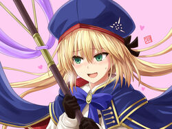  artoria_caster_(fate) artoria_caster_(second_ascension)_(fate) artoria_pendragon_(fate) blonde_hair commentary fate/grand_order fate_(series) female gloves green_eyes hair_between_eyes hat haura_akitoshi holding holding_staff long_hair long_sleeves looking_to_the_side open_mouth simple_background smile solo staff upper_body white_background 