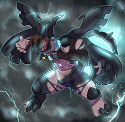  anthro clothing electricity glowing glowing_eyes growth hi_res human human_to_anthro legendary_pok&eacute;mon lightning male mammal mid_transformation nintendo pok&eacute;mon_(species) pokemon ravieel red_eyes sharp_teeth solo species_transformation teeth torn_clothing transformation video_games wings zekrom 