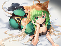  animal_ears ass atalanta_(fate) blonde_hair blush braids breasts catgirl cleavage dress fate/grand_order fate_(series) green_eyes long_hair stockings tail tukise_33 