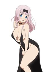  absurdres alternate_costume areola_slip black_bow black_dress blue_eyes blunt_bangs bow breasts cleavage coro_fae dress female fujiwara_chika hairbow highres kaguya-sama_wa_kokurasetai_~tensai-tachi_no_renai_zunousen~ large_areolae large_breasts light_areolae long_hair looking_at_viewer no_bra no_panties pink_hair puffy_nipples simple_background slingshot_dress solo v_arms white_background 