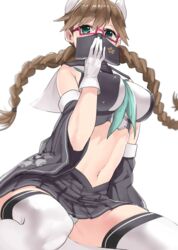  animal_ears aqua_neckerchief arm_support armpit_crease azur_lane bare_shoulders between_breasts black_shirt black_skirt black_sleeves blue_eyes book braid breasts brown_hair commentary covered_nipples covering_own_mouth crop_top detached_sleeves female floating_hair glasses gloves groin hair_between_eyes hand_up holding holding_book impossible_clothes kako_(azur_lane) kako_(retrofit)_(azur_lane) large_breasts linea_alba long_hair looking_at_viewer low_twin_braids midriff miniskirt navel neckerchief no_bra ootani_nonno panties pantyshot pleated_skirt sailor_collar sakura_empire_(emblem) sakuramon semi-rimless_eyewear shirt sidelocks simple_background sitting skindentation skirt sleeveless sleeveless_shirt solo striped_clothes striped_panties thighhighs thighs twin_braids two-tone_shirt under-rim_eyewear underwear wariza white_background white_gloves white_shirt white_thighhighs wide_sleeves zettai_ryouiki 