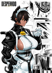  absurdres animal_ears apron barcode black_hair breasts cat_ears cat_tail choker cooking dark-skinned_female dark_skin desperado_(yotaro) earrings english_commentary female gloves hair_between_eyes hair_ears highres holding jewelry juliet_sleeves kitchen ladle large_breasts leather long_sleeves maid maid_apron maid_headdress mao_(yotaro) plate pot puffy_sleeves short_hair sideboob sleeve_cuffs smile strap tail tasting tasting_plate white_gloves yellow_eyes yotaro 