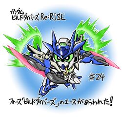  chibi copyright_name dual_wielding energy_sword episode_number gn_drive green_eyes gundam gundam_00_sky gundam_00_sky_moebius gundam_build_divers gundam_build_divers_re:rise holding mecha no_humans oyomesandazo robot science_fiction sword v-fin weapon 