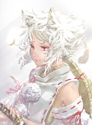  animal_ear_fluff animal_ears closed_mouth commentary detached_sleeves feathers female holding holding_sword holding_weapon inubashiri_momiji nagi_(xx001122) pom_pom_(clothes) red_eyes red_ribbon ribbon ribbon-trimmed_sleeves ribbon_trim short_hair solo sword touhou upper_body weapon white_hair wolf_ears 