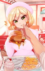  1boy :t bag blonde_hair blush breasts burger cleavage cleavage_cutout clothing_cutout earrings female food french_fries green_eyes handbag hat heart_cutout highres indoors jewelry merunyaa milkshake original out_of_frame pink_nails pov pov_across_table pov_hands sammy_(bestsammy) short_hair sitting sleeves_past_wrists solo_focus sweatdrop wiping_face 