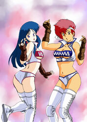  2girls blue_eyes blue_hair boots breasts cleavage cosplay crop_top dirty_pair dirty_pair_no_daibouken fingerless_gloves gloves kei_(dirty_pair) kei_(dirty_pair_no_daibouken) kei_(dirty_pair_no_daibouken)_(cosplay) long_hair looking_down midriff multiple_girls red_eyes red_hair retro_artstyle rx92 short_hair sleeveless thigh_boots thighhighs underboob yuri_(dirty_pair) yuri_(dirty_pair_no_daibouken) yuri_(dirty_pair_no_daibouken)_(cosplay) 