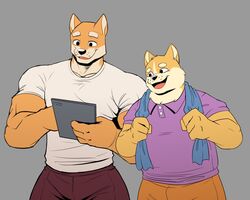  2021 anjing_kampuss anthro black_nose bottomwear brown_body brown_fur canid canine canis cheems clothing dogelore domestic_dog duo fur hi_res humanoid_hands male mammal meme muscular muscular_male pants shiba_inu shirt simple_background slightly_chubby spitz swole_doge topwear towel towel_around_neck 