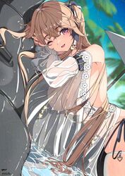  absurdres anchorage_(azur_lane) anchorage_(dolphins_and_swim_lessons)_(azur_lane) azur_lane bare_shoulders bikini blush bow breasts brown_hair female glaze_artifacts hair_between_eyes hair_ornament hair_ribbon hairbow highres inflatable_orca inflatable_toy innertube large_breasts leaning_on_object light_brown_hair lying official_alternate_costume on_side one_eye_closed open_mouth outdoors purple_eyes ribbon see-through side-tie_bikini_bottom smile sunebu_(snake_boo2) swim_ring swimsuit thighhighs twintails water white_thighhighs 