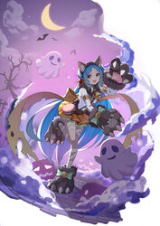  :d absurdres animal_ear_fluff animal_ears animal_hands bad_id bad_pixiv_id bandaged_leg bandages bare_tree bat_(animal) bell blue_hair blush bow brown_skirt cat_ears cloud cloudy_sky commentary crescent_moon dress fake_animal_ears female flan_(f_l_an) footwear_bow frills full_body fur_collar ghost gloves halloween halloween_costume highres jack-o&#039;-lantern knee_up large_bow long_hair long_sleeves looking_at_viewer miyako_(halloween)_(princess_connect!) miyako_(princess_connect!) moon night night_sky oerba_yun_fang open_mouth paw_gloves paw_shoes pleated_skirt princess_connect! pumpkin shirt shoes skirt sky smile solo standing standing_on_one_leg star_(sky) starry_moon tail torn_clothes tree very_long_hair white_shirt wolf_ears wolf_paws 