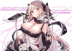  absurdres azur_lane bare_shoulders between_breasts black_dress blush breasts character_name cleavage dress earrings female flight_deck formidable_(azur_lane) frilled_dress frills grey_hair hair_in_own_mouth hair_ribbon hakuya_(white_night) highres jewelry large_breasts long_hair long_sleeves looking_at_viewer red_eyes ribbon rigging skirt_hold solo twintails two-tone_dress two-tone_ribbon very_long_hair 