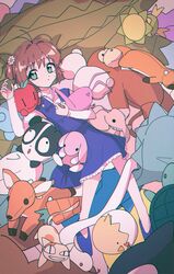  absurdres alt_text anger_vein brown_hair cardcaptor_sakura commentary_request female food fox fruit green_eyes highres kinomoto_sakura nzeneee solo stuffed_animal stuffed_apple stuffed_cat stuffed_elephant stuffed_monkey stuffed_snake stuffed_toy stuffed_turtle 