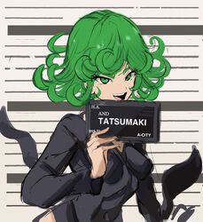  :d barbie_(franchise) barbie_(live_action) barbie_mugshot_(meme) black_dress breasts character_name curly_hair dress female green_eyes green_hair highres holding holding_sign long_sleeves looking_at_viewer meme mugshot one-punch_man open_mouth rakeemspoon short_hair sign small_breasts smile solo tatsumaki upper_body 