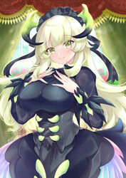  black_dress blonde_hair blush breasts chamber_dragonmaid commentary curtains dragon_girl dragon_horns dragon_wings dress duel_monster feathered_wings female green_eyes hand_on_own_chest hands_up highres hinata_momo horns large_breasts long_hair looking_at_viewer maid maid_headdress nail_polish sidelocks smile solo wings yu-gi-oh! 