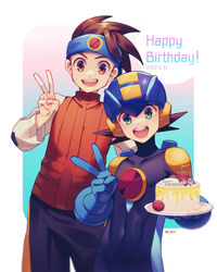  2boys :d birthday_cake black_shorts blue_background blue_headband blue_helmet blurry bodysuit brown_eyes brown_hair brown_vest cake commentary_request covered_collarbone covered_navel dated depth_of_field english_text food gradient_background green_eyes happy happy_birthday headband helmet highres holding holding_plate lan_hikari_(mega_man) long_sleeves looking_at_viewer male_focus mega_man_(series) mega_man_battle_network_(series) megaman.exe multiple_boys netnavi open_mouth plate purple_bodysuit shirt short_hair shorts smile spiked_hair standing teeth turtleneck twitter_username two-tone_background upper_teeth_only v vest white_background white_shirt zero-go 