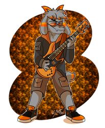  absurd_res anthro bass_guitar bottomwear bovid brusuky2 caprine clothing dingwall eyewear floppy_ears footwear fur goat grey_body grey_fur guitar gusta_(gusta) hair hi_res holding_object hoodie horn jacket male mammal musical_instrument orange_clothing orange_eyes orange_hoodie orange_horn orange_stripes orange_topwear playing_guitar playing_music plucked_string_instrument shoes shorts solo standing string_instrument stripes sunglasses tail tail_tuft topwear tuft 