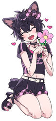  ^_^ absurdres animal_ears belt black_hair blush bow cat_ears cat_girl choker closed_eyes crop_top female flower hairbow heart highres kneeling mafuyu_hemp midriff nail_polish navel open_mouth original sandals shirt short_hair shorts smile t-shirt tail toeless_footwear toenail_polish toenails toes wavy_hair 