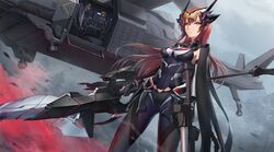  aircraft blonde_hair gun long_hair mechagirl morichika_shuuto original red_hair tree weapon white_hair yellow_eyes 