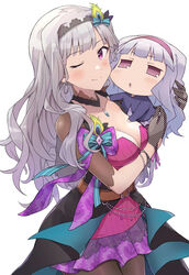  ;) absurdres black_pantyhose blunt_bangs blush bracelet breasts carrying chibi child_carry cleavage commission dress dual_persona female grey_hair highres idol idolmaster idolmaster_(classic) idolmaster_million_live! jewelry long_hair looking_at_viewer medium_breasts one_eye_closed pantyhose pixiv_commission polka_dot_gloves puchimasu! purple_dress shijou_takane shuucream_(syuichi) simple_background smile tailcoat white_background 