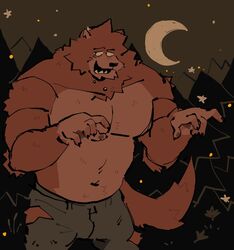  anthro brown_body brown_fur canid canine canis clothing crescent_moon forest fur hi_res male mammal moon muscular muscular_male mythological_canine mythological_creature mythology night pecs plant red_body red_fur soildweller solo torn_clothing tree were werecanid werecanine werewolf wolf 