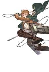  1boy brown_eyes brown_footwear brown_hair brown_jacket cape emblem full_body gran_(granblue_fantasy) granblue_fantasy holding holding_sword holding_weapon incoming_attack jacket jumping male_focus minaba_hideo official_art paradis_military_uniform shingeki_no_kyojin shirt solo survey_corps survey_corps_(emblem) sword three-dimensional_maneuver_gear transparent_background uniform weapon white_shirt 