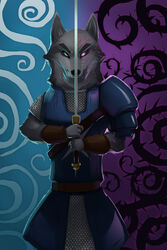  2016 2:3 anthro armello armor black_nose canid canine canis clothed clothing fur grey_body grey_fur hi_res league_of_geeks mammal melee_weapon purple_eyes purpleground02 solo sword thane_(armello) weapon wolf yellow_eyes 