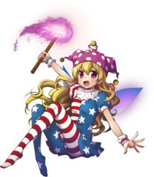  american_flag_dress american_flag_legwear ayami_chiha blonde_hair clownpiece fairy_wings female full_body hat holding jester_cap long_hair looking_at_viewer open_mouth pantyhose red_eyes short_sleeves smile solo torch touhou transparent_background wings wristband 