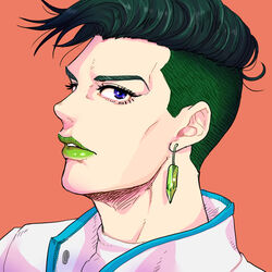  1boy blue_eyes close-up commentary_request denden_(denchankumatan) diamond_wa_kudakenai earrings green_hair green_lips headband jewelry jojo_no_kimyou_na_bouken kishibe_rohan lipstick makeup male_focus no_headband no_headwear solo undercut 