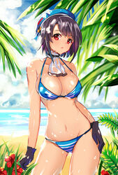  ascot beach beret bikini black_gloves black_hair breasts cleavage cloud commentary_request contrapposto cowboy_shot dappled_sunlight day female flower gloves hat hibiscus horizon kantai_collection large_breasts looking_at_viewer navel ocean outdoors photoshop_(medium) red_eyes short_hair sky solo standing striped_bikini striped_clothes sunlight swimsuit takao_(kancolle) wet zonana 