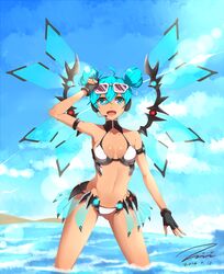  ahoge aqua_eyes aqua_hair arm_up bare_shoulders bikini breasts cleavage commentary cowboy_shot dark_skin dated day double_bun eyewear_on_head female fingerless_gloves gloves goodsmile_company goodsmile_racing hair_bun hatsune_miku headset highres lens_flare looking_at_viewer mechanical_wings nail_polish navel open_mouth outdoors race_queen racing_miku racing_miku_(2013) racing_miku_(2013_sepang_ver.) signature sky solo stomach sunglasses swimsuit taizi tan transparent_wings vocaloid wading water white_bikini wings 