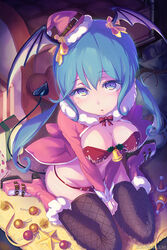  aqua_hair bad_id bad_pixiv_id belt between_legs bikini black_thighhighs blue_eyes boots bow bowtie breasts capelet christmas cleavage commentary_request couch demon_tail female fishnet_thighhighs fishnets from_above fur_trim gift hair_ribbon hand_between_legs hat head_wings high_heel_boots high_heels large_breasts long_hair looking_at_viewer loup merry_christmas mini_hat original red_bikini red_bow red_bowtie ribbon sack santa_bikini santa_costume santa_hat sitting solo swimsuit tail thighhighs thighs v_arms wariza wings yellow_ribbon 