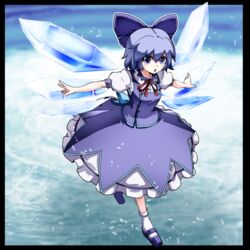  alternate_costume black_border blue_bow blue_eyes blue_footwear blue_hair blue_skirt blue_vest border bow cirno commentary_request female frilled_skirt frills full_body hair_between_eyes hairbow ice ice_background ice_wings kikoka_(mizuumi) layered_skirt looking_at_viewer neck_ribbon open_mouth outstretched_arms puffy_short_sleeves puffy_sleeves red_ribbon ribbon shirt shoes short_hair short_sleeves skirt solo spread_arms touhou vest white_legwear white_shirt white_skirt wings 