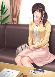  black_hair blush breasts cleavage couch curtains female highres id_card indoors large_breasts legs long_hair long_sleeves looking_at_viewer open_mouth original pink_skirt plant ponytail purse red_eyes ring rokko sitting skirt solo table thighs wedding_ring 