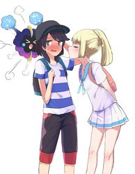  1boy ababarion absurdres backpack bag baseball_cap black_hair blonde_hair blush capri_pants closed_eyes commentary_request cosmog elio_(pokemon) female hat highres imminent_kiss lillie_(pokemon) long_hair open_mouth pants pokemon pokemon_(creature) pokemon_sm ponytail shirt short_hair simple_background skirt spoilers striped_clothes striped_shirt white_background white_skirt 