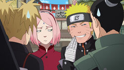  2boys 2girls blonde_hair blue_eyes facial_mark forehead_mark forehead_protector green_eyes grin headband ladygt93 multiple_boys multiple_girls nara_shikamaru naruto naruto:_the_last pink_hair sakura_haruno smile sweatdrop temari uzumaki_naruto 