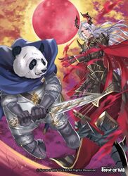  2boys armor banamons boots cape cloud cloudy_sky copyright_name force_of_will furry furry_male gem gloves long_hair male_focus moon multiple_boys official_art panda pointy_ears protected_link red_eyes scar sky sword taegrus_pearlshine_(force_of_will) teeth weapon welser_(force_of_will) white_hair 