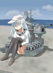  bad_id bad_pixiv_id female fusou_(fuso0205) hammer_and_sickle hibiki_(kancolle) highres kantai_collection long_hair machinery original panties pantyshot russian_navy sitting slava-class_cruiser thighhighs traditional_media underwear verniy_(kancolle) 