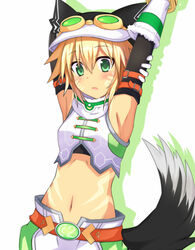  arm_behind_head arm_belt armpits arms_up blonde_hair blush commentary_request crop_top cyberconnect2 female fuji_kakei green_eyes hat kami_jigen_game_neptune_v midriff navel neptune_(series) open_mouth shirt short_hair silhouette sleeveless sleeveless_shirt solo tail white_background 