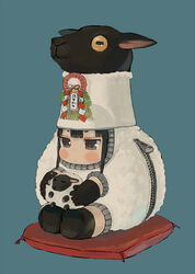  2015 animal animal_costume animal_hat animal_on_lap black_gloves black_hair black_thighhighs blue_background chinese_zodiac commentary_request cushion ebimomo female folding_fan full_body fur_trim gloves hand_fan hat leaf new_year no_shoes on_lap original pillow sheep sheep_costume sheep_head shide short_eyebrows simple_background sitting solo thighhighs year_of_the_goat zabuton zipper 