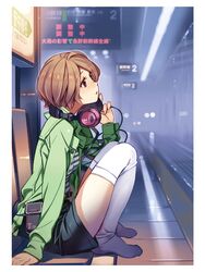  brown_eyes brown_hair feet_on_chair female from_side full_body headphones headphones_around_neck jacket long_sleeves no_shoes open_clothes open_jacket profile rail_wars! sasshou_mari shirt short_hair shorts sitting socks solo striped_clothes striped_shirt thighhighs train_station vania600 white_thighhighs 