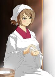  alternate_costume alternate_headwear apron brown_eyes brown_hair commentary_request female food head_scarf housewife japanese_clothes kantai_collection kappougi kimono mutsu_(kancolle) ohitsu onigiri osandon parted_lips red_kimono rice short_hair sitting solo tenugui yume_developing 