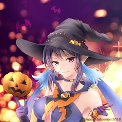  2015 blue_hair commentary_request female halloween happy_halloween hat jack-o&#039;-lantern judith_(tales) kururi_(oekaki_nikki) long_hair multicolored_hair pointy_ears purple_eyes purple_hair solo tales_of_(series) tales_of_vesperia twintails two-tone_hair witch_hat 