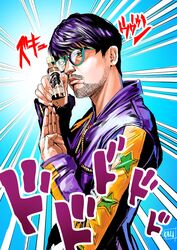  1boy absurdres araki_hirohiko_(style) commentary_request drink emphasis_lines facial_hair glasses highres holding holding_drink jacket jojo_no_kimyou_na_bouken kali_(thugkali) kojima_hideo looking_at_viewer male_focus parody real_life solo star_(symbol) style_parody 